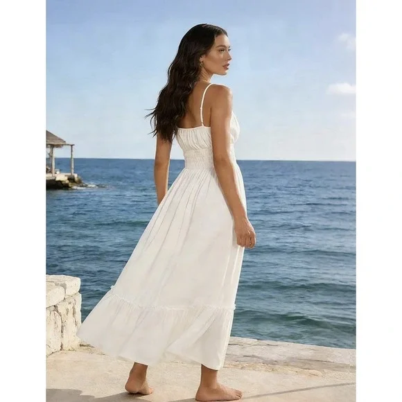 Grace Karin Maxi Sundress Spaghetti Strap White Smocked Pockets lined Size M - Picture 14 of 14